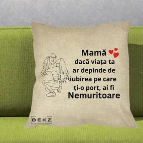 Cadou pentru Mama - Perna Personalizata Mama Nemuritoare Portret Graphic, 40x40 cm, Crem, Husa Detasabila, Perna Inclusa, BEKZ®