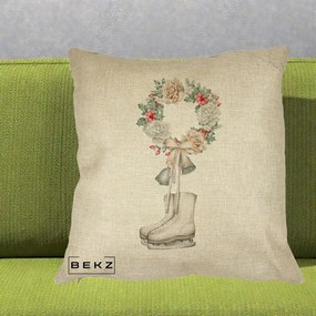 Perna Decorativa Patine cu Coroana Florala de Craciun, 40x40 cm, Crem, Husa Detasabila, Perna Inclusa, BEKZ®