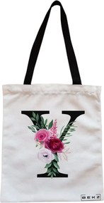 Sacosa de Panza pentru Cumparaturi, Geanta Tote, Cu litera Y si Trandafiri, Cu fermoar, 38x34.5 cm, Alba, BEKZ®