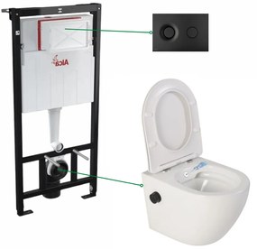 Set vas wc suspendat cu functie bideu si baterie negru mat inclusa Foglia Oslo, rezervor incastrat si clapeta negru mat, Alcaplast