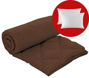 Set pilota iarna, umplutura lana, material damasc policoton, 140x210cm, matlasata, maro, Pucioasa cu 2 perne, matlasate, antialergice, 50x70cm, albe, Pucioasa