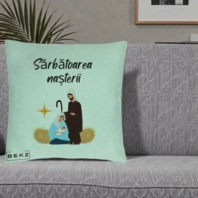 Perna Decorativa Nasterea Domnului Sfanta Familie Sarbatoarea Nasterii, 40x40 cm, Verde Menta, Husa Detasabila, Perna Inclusa, BEKZ®