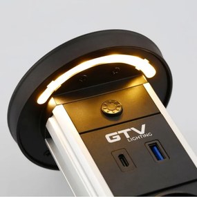 Priză încorporabilă în blat Camino GTV, încărcător wireless 10W, 2 prize Schuko, USB A + C, negru, D:80 mm D:80 mm, Aluminiu/Plastic, Negru