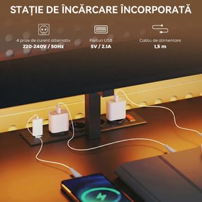 HOMCOM Birou Gaming Reversibil în Formă de L cu LED, Birou Colțar 192,5 cm cu Prize Electrice, Suport Monitor și CPU, 2 Sertare din Material Textil pentru Documente A4/Legal, pentru Acasă sau Birou, Negru | Aosom Romania