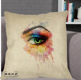 Perna Decorativa Ochi Verde Acuarela, 40x40 cm, Crem, Husa Detasabila, Perna Inclusa, BEKZ®
