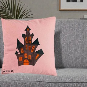 Perna Decorativa Halloween Casa Bantuita Minimalista, 40x40 cm, Roz, Husa Detasabila, Perna Inclusa, BEKZ®