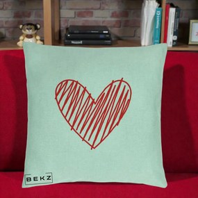 Perna Decorativa Inima Rosie Desen Manual, 40x40 cm, Verde Menta, Husa Detasabila, Perna Inclusa, BEKZ®