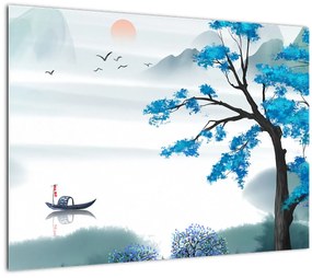 Tablou pe sticlă - Pictură, lac cu barcă (70x50 cm)
