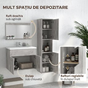 Set de Mobilier de Baie din 3 Piese, Montare pe Perete, cu Dulap cu Oglinda, Dulap de Depozitare Inalt, Gri Kleankin | Aosom Romania