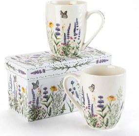 decoDoma Set de căni din porţelan LAVANDĂ ŞI FLUTURI în cutie cadou 350 ml 2 buc