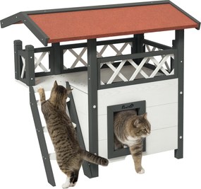 PawHut Căsuță pentru Pisici de Exterior cu Terasa și Scară, Adăpost pentru Pisici și Animale Mici din Lemn, 77x50x73 cm, Alb