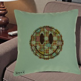 Perna Decorativa Smiley Face de Toamna cu Tartan si Dovlecei, 40x40 cm, Verde, Husa Detasabila, Perna Inclusa, BEKZ®