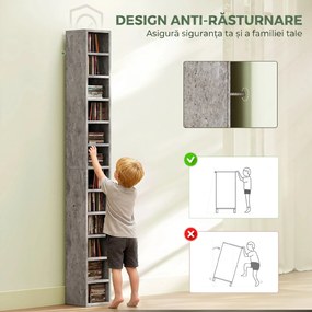HOMCOM Raft Bibliotecă Pentru CD-uri cu 12 Polițe pentru 204 CD-uri, din MDF și PAL, 21 x 20 x 175 cm, Gri | Aosom Romania
