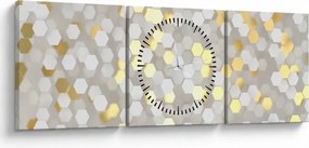 Tablou - Hexagoane alb - auriu (cu ceas) (90x30 cm)