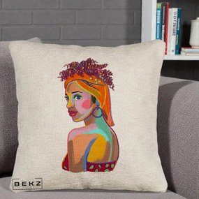 Perna Decorativa Portret Femeie Colorat Pop Art, 40x40 cm, Bej Canapea, Husa Detasabila, Perna Inclusa, BEKZ®