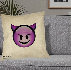 Perna Decorativa Emoji Diavol Mov, 40x40 cm, Crem, Husa Detasabila, Perna Inclusa, BEKZ®