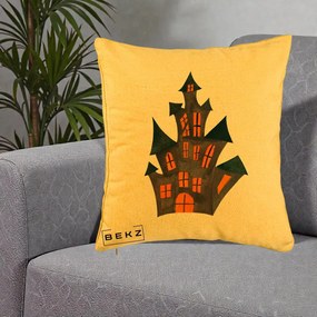 Perna Decorativa Halloween Casa Bantuita Minimalista, 40x40 cm, Galben, Husa Detasabila, Perna Inclusa, BEKZ®