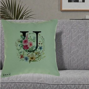 Cadou Personalizat - Perna Personalizata Monogram Litera U cu Flori Acuarela, 40x40 cm, Verde, Husa Detasabila, Perna Inclusa, BEKZ®
