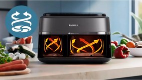 Friteuza dubla cu aer cald Philips NA351/00, 2750 W, 6+3 l, 80-200°C, 1,5 kg, 8 programe, Ecran tactil, Copiere si sincronizare, Negru/Argintiu