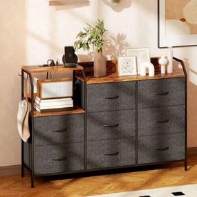 HOMCOM Comodă cu 8 sertare din material textil, cadru din oțel, stație de încărcare, Rustic-Maro+Negru | Aosom Romania