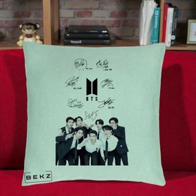 Perna Personalizata K-pop BTS Autografe Toti Membrii cu Fotografie, 40x40 cm, Verde Menta, Husa Detasabila, Perna Inclusa, BEKZ®