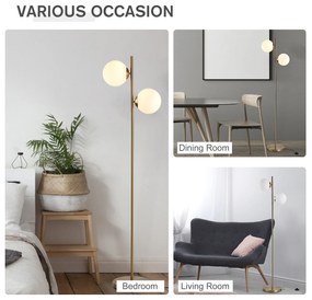 HOMCOM Lampă de Podea cu 2 Lumini și Abajururi Sferice, Lampă de Podea cu Comutator de Picior, Soclu E27, 39x28x165 cm, Aur | Aosom Romania