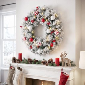 HOMCOM Coroniță de Crăciun Înzăpezită, 60 cm, cu Lumini LED, 8 Moduri, 140 Ramuri, 8 Fructe Roșii și 15 Globuri Decorative, Verde | Aosom Romania