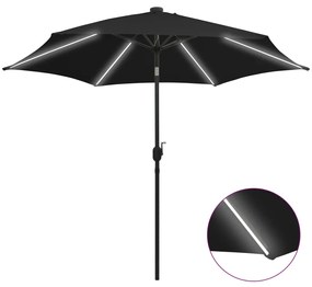 vidaXL Umbrelă de soare cu LED-uri, stâlp din aluminiu, negru, 300 cm