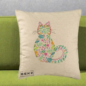 Perna Decorativa Pisica Florala Acuarela, 40x40 cm, Bej, Husa Detasabila, Perna Inclusa, BEKZ®