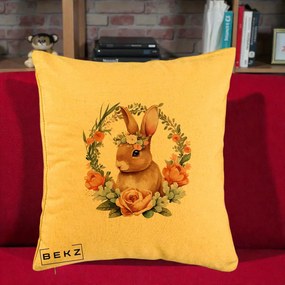Perna Decorativa Iepuras Floral Coronita Acuarela, 40x40 cm, Galben, Husa Detasabila, Perna Inclusa, BEKZ®