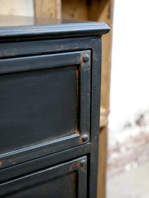 Comodă mică, vintage, industrială, din metal, negru, cu 2 sertare, mânere metalice și nituri aparente, 50 x 45,5 x 37,5 cm, „Factory”