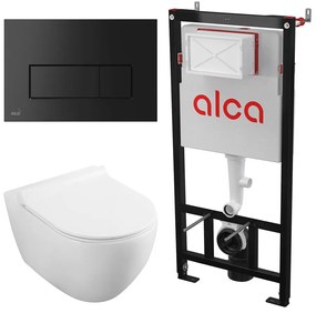 Set rezervor WC cu cadru incastrat Alca AM101/1120 si clapeta M578 negru mat plus vas WC Fluminia Minerva cu capac softclose alb
