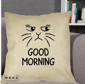 Perna Decorativa Pisica Morocanoasa Good Morning, 40x40 cm, Crem, Husa Detasabila, Perna Inclusa, BEKZ®
