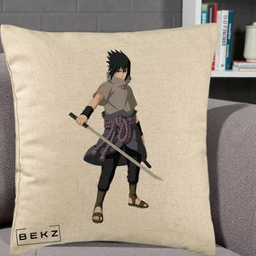 Perna Personalizata Naruto Sasuke Uchiha cu Sabia, 40x40 cm, Bej, Husa Detasabila, Perna Inclusa, BEKZ®