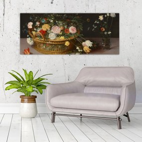 Tablou - Jan Brueghel the Elder, Flowers in a Basket and a Vase, reproducere (120x50 cm)