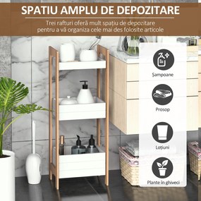 HOMCOM Dulapior Compact Baie, Raft Multifuncțional cu 3 Etajere, din MDF și Bambus, 27.5x20.8x74 cm, Alb | Aosom Romania