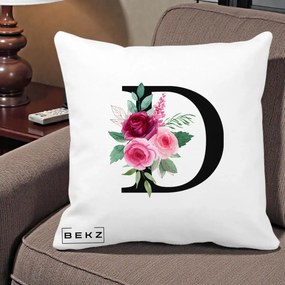 Cadou Personalizat - Perna Personalizata Monograma Florala Litera D, 40x40 cm, Alba Mata, Husa Detasabila, Perna Inclusa, BEKZ®