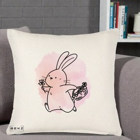 Perna Decorativa Iepuras Kawaii cu Cosulet Floral, 40x40 cm, Crem Reliefat, Husa Detasabila, Perna Inclusa, BEKZ®