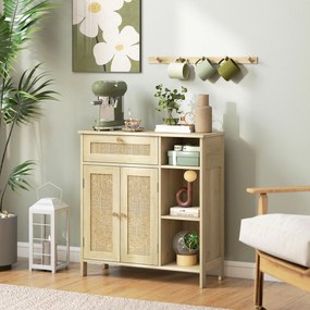 HOMCOM Bufet, mobilier de depozitare, 2 uși din ratan, sertar, nișe deschise, polițe reglabile, 75x30x79,5cm, lemn natural | Aosom Romania