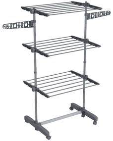 HOMCOM Uscător de Rufe Pliabil Tip Turn cu 6 Roți, Cârlige și 3 Rafturi Reglabile pentru Interior, 142x55x152 cm, Argintiu | Aosom Romania