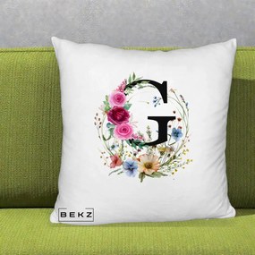 Cadou Personalizat - Perna Personalizata Monogram Litera G cu Flori Acuarela, 40x40 cm, Alb Pufos, Husa Detasabila, Perna Inclusa, BEKZ®