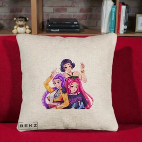 Perna Personalizata K-pop HUNTRX Trio Animat Fete Foto, 40x40 cm, Bej Canapea, Husa Detasabila, Perna Inclusa, BEKZ®