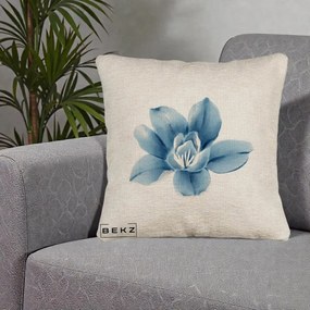 Perna Decorativa Magnolie Albastra Acuarela, 40x40 cm, Bej Canapea, Husa Detasabila, Perna Inclusa, BEKZ®
