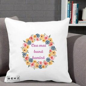 Cadou pentru Bunica - Perna Personalizata Cea Mai Buna Bunica Coronita Flori Multicolore, 40x40 cm, Alba Mata, Husa Detasabila, Perna Inclusa, BEKZ®