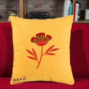 Perna Decorativa Floare Macul Roz-Rosu Grafic, 40x40 cm, Galben, Husa Detasabila, Perna Inclusa, BEKZ®