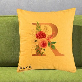 Cadou Personalizat - Perna Personalizata Monograma Rose Gold Litera R, 40x40 cm, Galben, Husa Detasabila, Perna Inclusa, BEKZ®