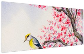 Tablou - Pasăre pe un copac cu flori roșii (120x50 cm)