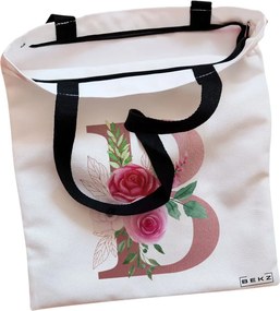 Sacosa de Panza pentru Cumparaturi, Geanta Tote, Cu litera B Rose Gold si Trandafiri, Cu fermoar, 38x34.5 cm, Alba, BEKZ®