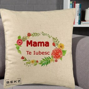 Cadou pentru Mama - Perna Personalizata Mama Te Iubesc Flori Rosii, 40x40 cm, Bej, Husa Detasabila, Perna Inclusa, BEKZ®