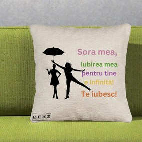 Cadou pentru Sora - Perna Personalizata Sora Mea Te Iubesc Siluete Colorate Umbrela, 40x40 cm, Bej Canapea, Husa Detasabila, Perna Inclusa, BEKZ®